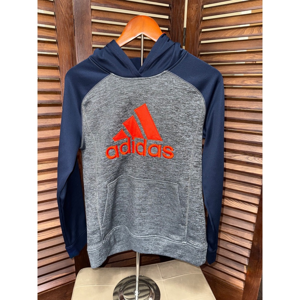 Adidas Boys Pullover Hoodie Gray Navy Orange Logo Fleece Size XL 18 20